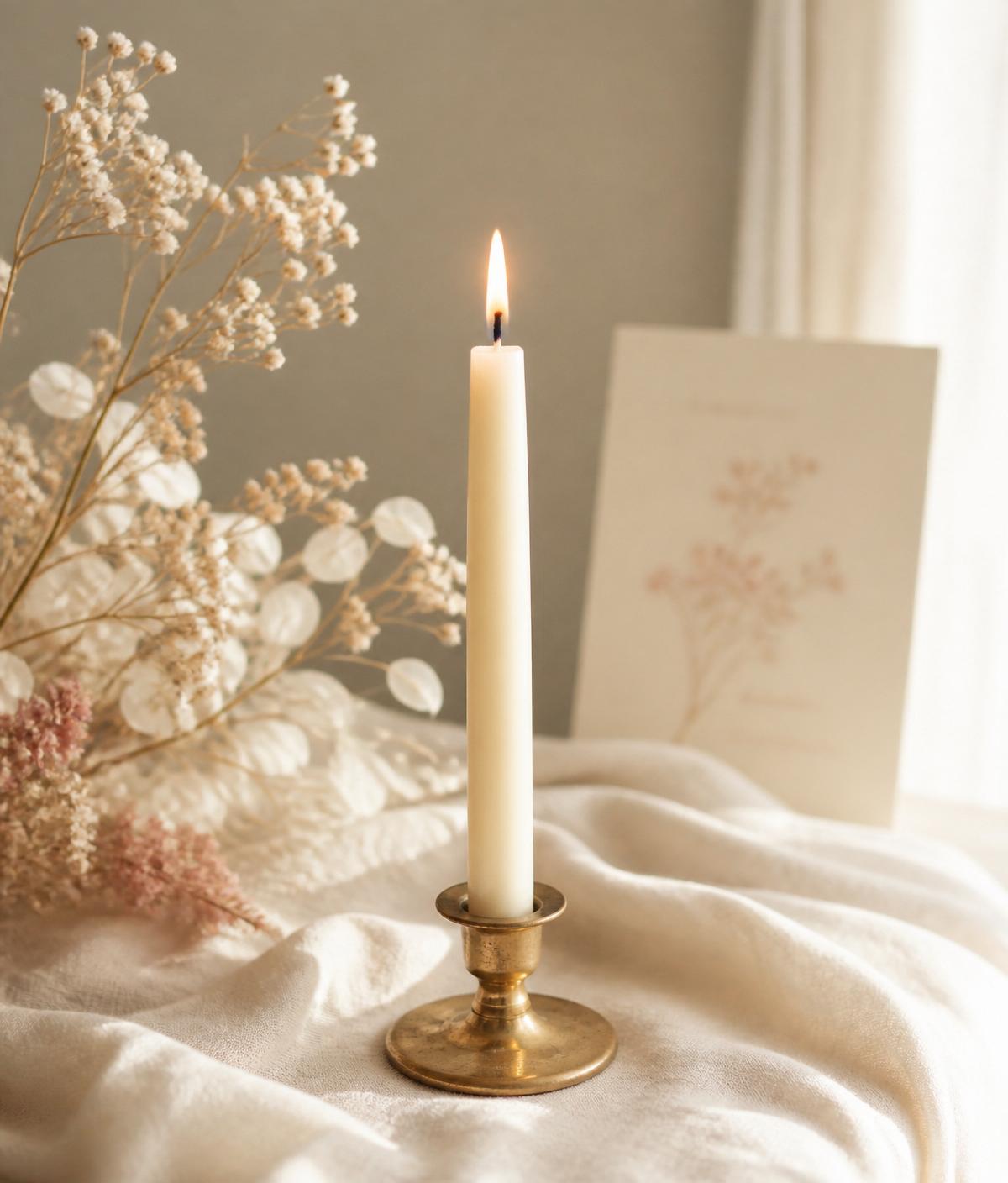 A single lit ivory taper candle with dried florals — a symbol of quiet remembrance