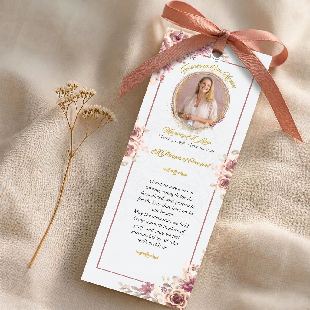 Stack of matching memorial prayer bookmark cards tied with dusty rose ribbon