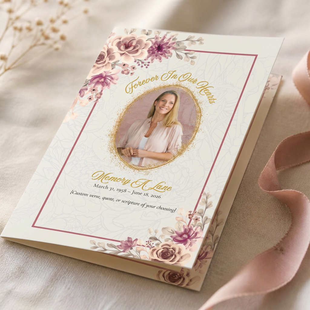 Cream folded memorial program with gold botanical detail