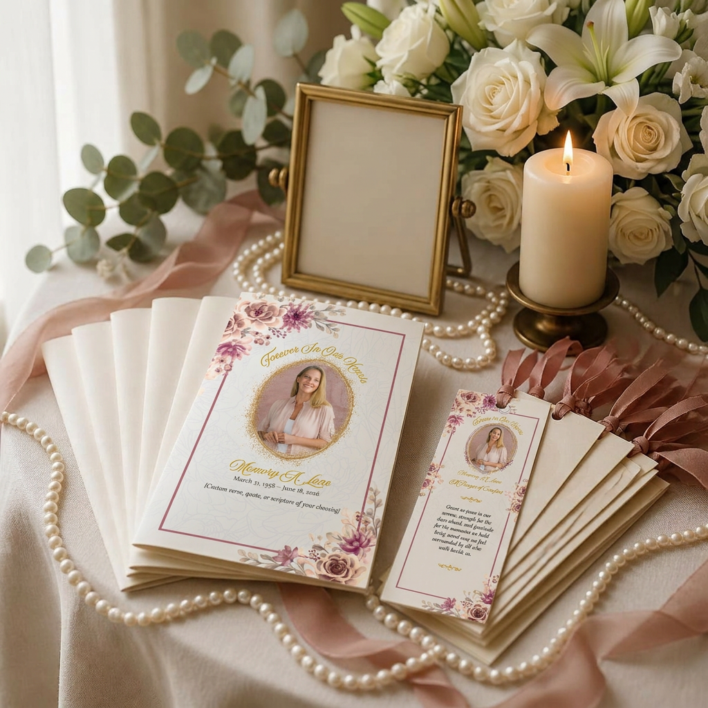 A memorial keepsake table with programs, bookmark cards, and dried florals